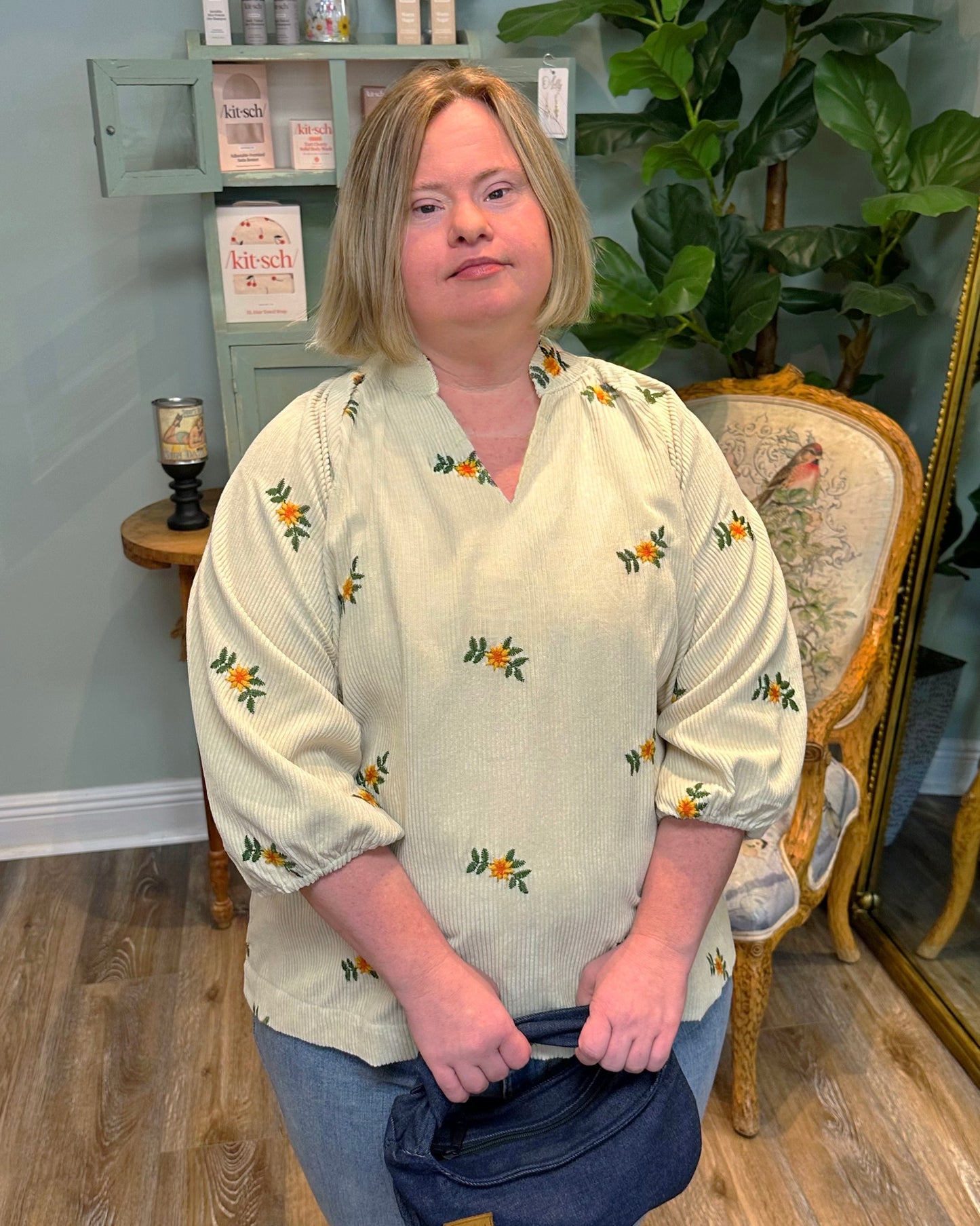 Floral Corduroy Cream Top