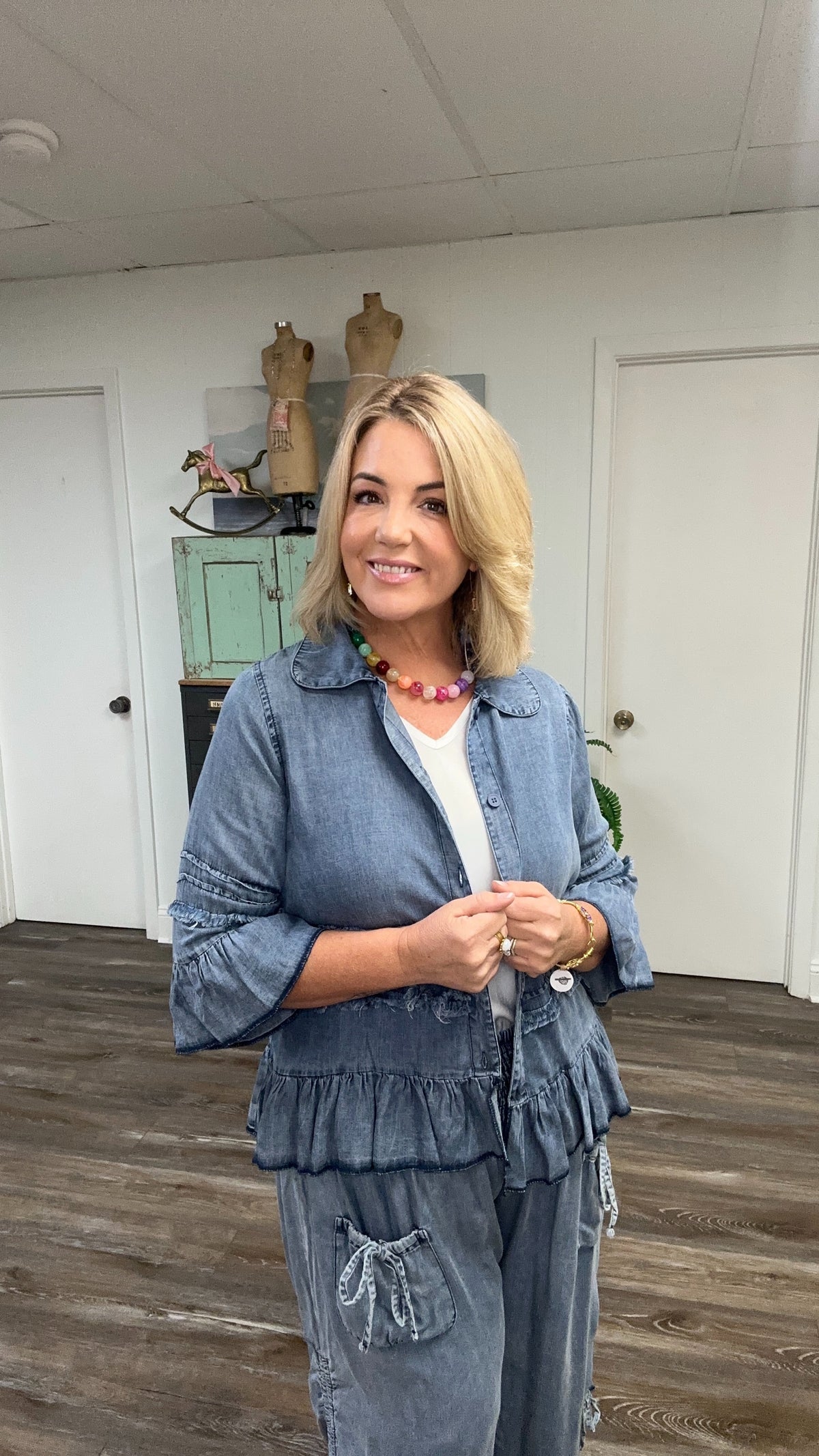 Chambray Shacket with Ruffles