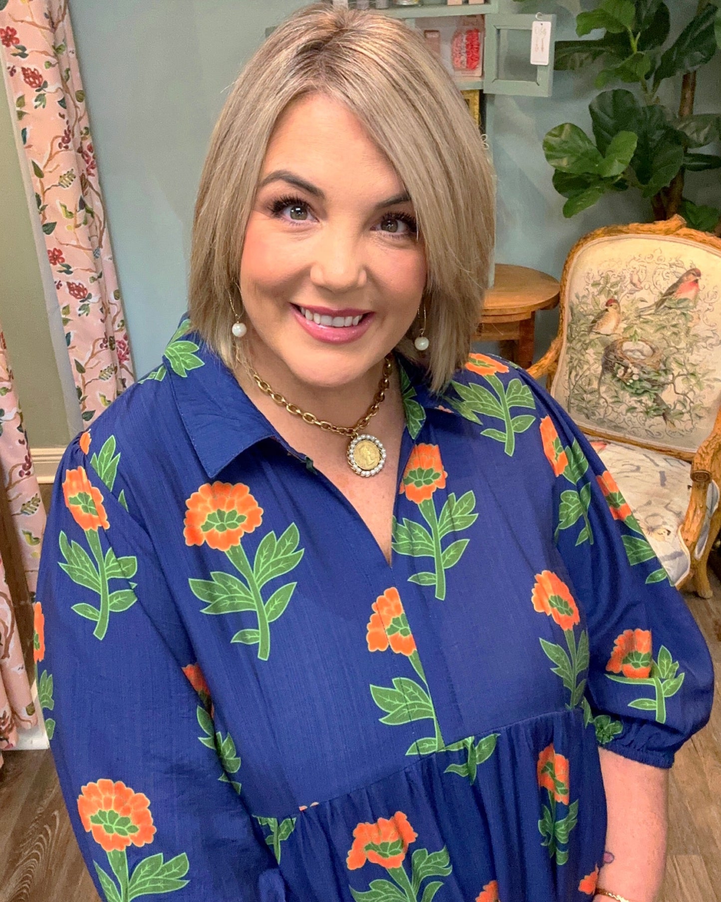 Orange Floral Print Midi Dress