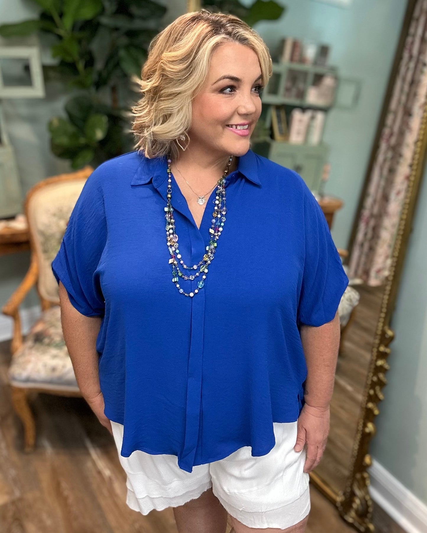 Royal Blue Oversized Button Down Hi/Lo Shirt
