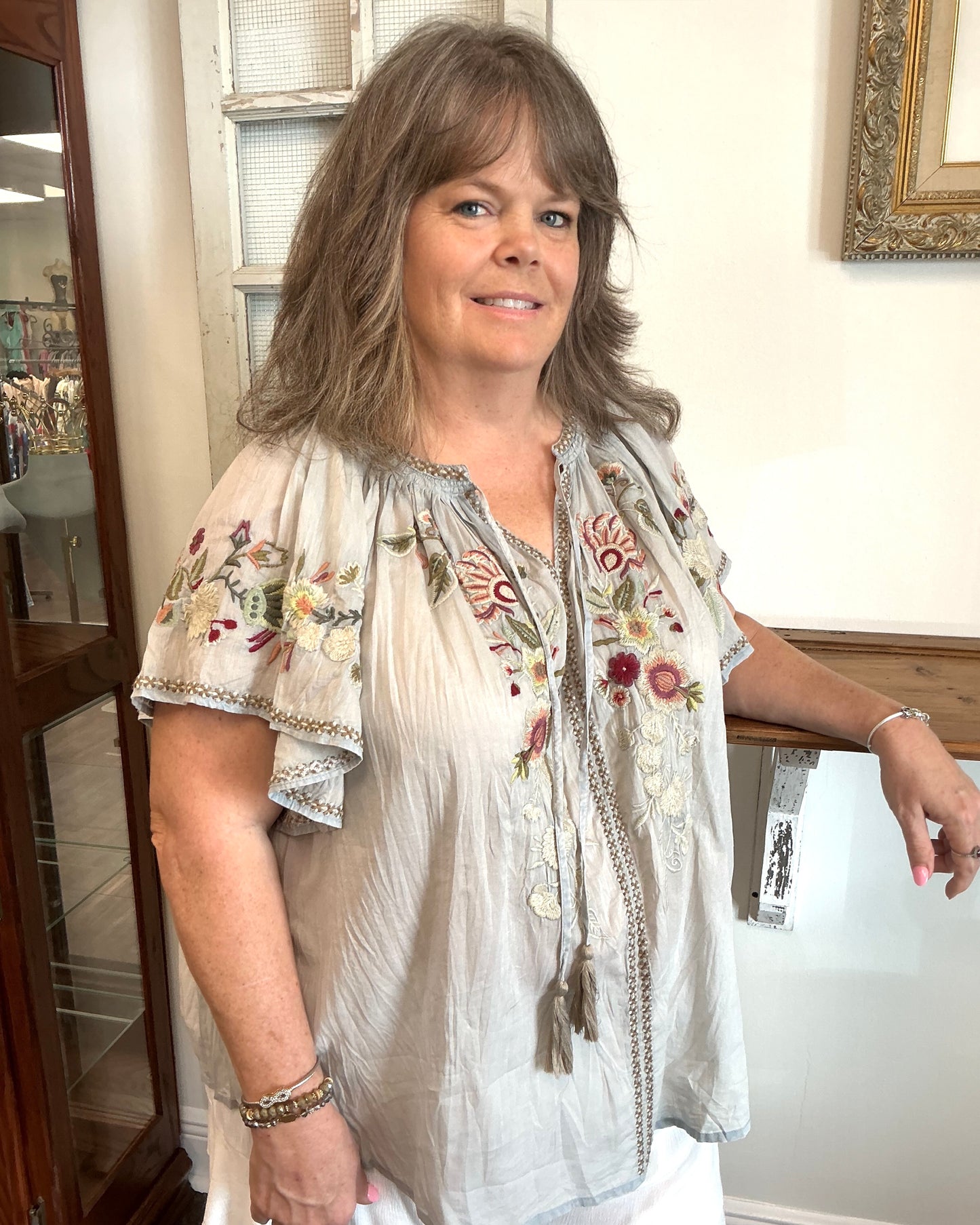 V-neck Tie and Multicolor Floral Embroidery