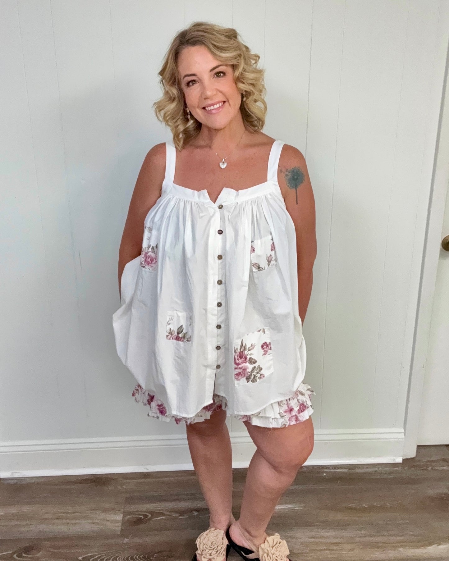 White Sleeveless Button Down Top with Flower Patches