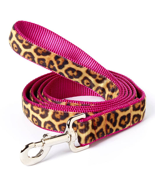 Leopard Swiss Velvet Dog Leash - Raspberry