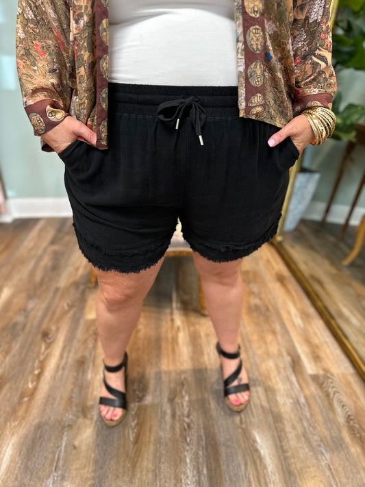 Black Linen Blend Drawstring Shorts