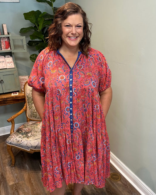 Coral and Blue Trim Floral Print Dress