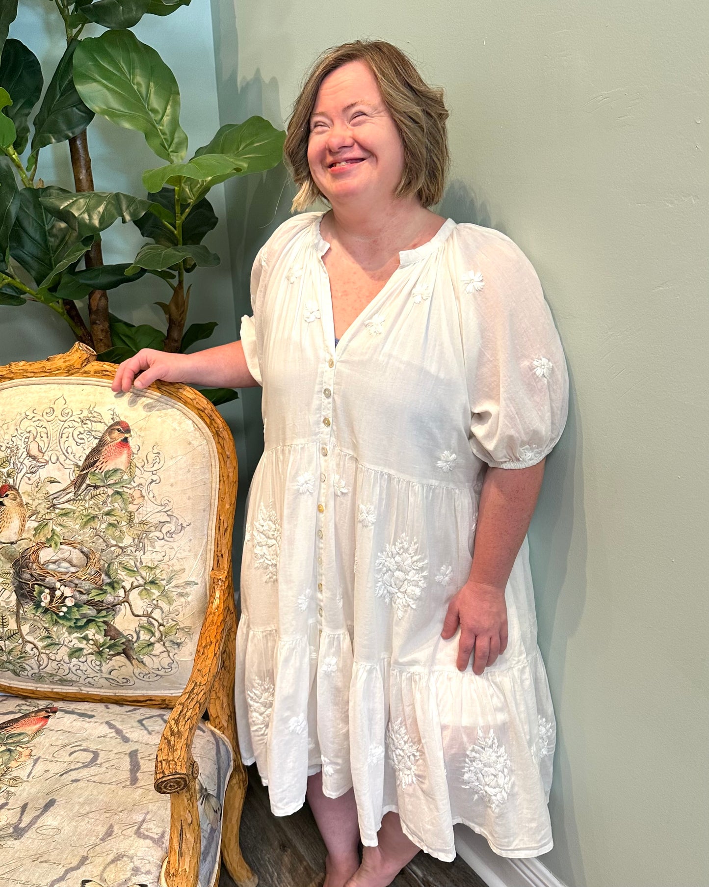 Embroidered Tiered Button-Up Dress