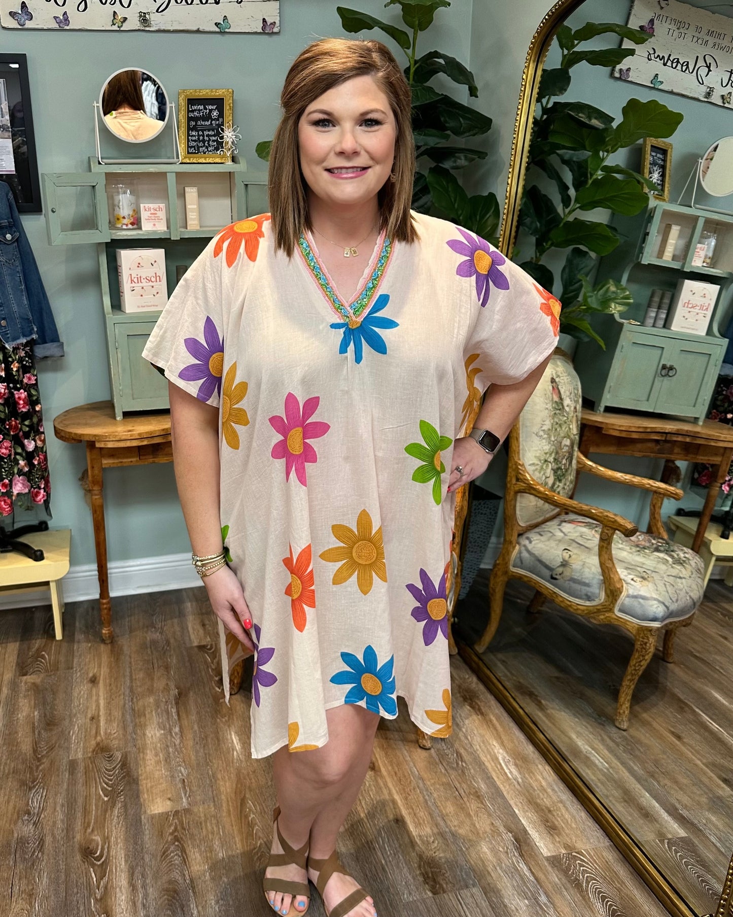 Cream Floral Pattern Dress with Beaded Neckline