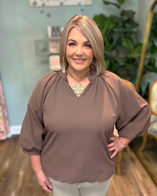 V- Neck Textured Scalloped Hem Top