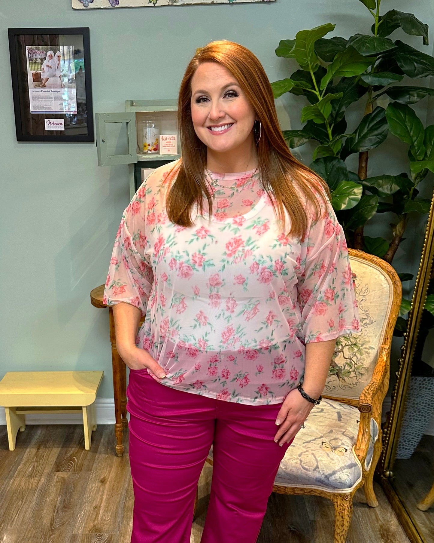 Mesh Floral Print Top