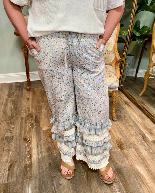 Blue Flower Print Ruffle Pant