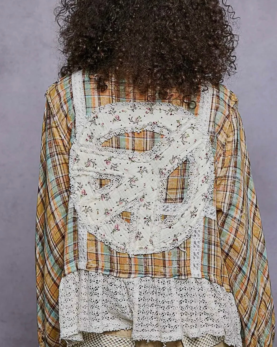 Tan Plaid Short Shacket with Peace Sign