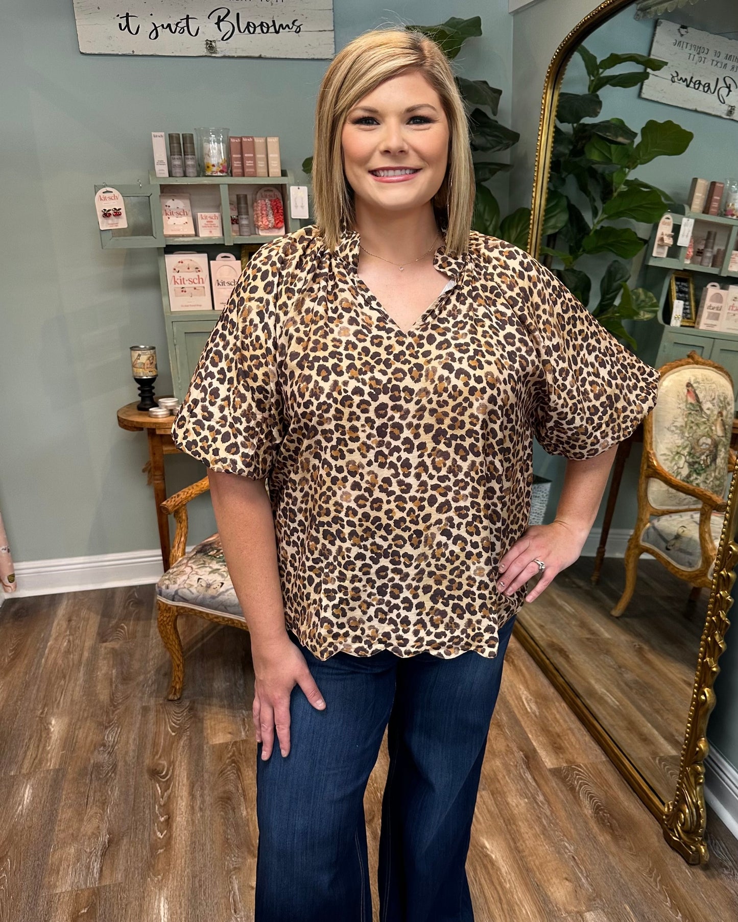 Scallop Hem Leopard Print Blouse