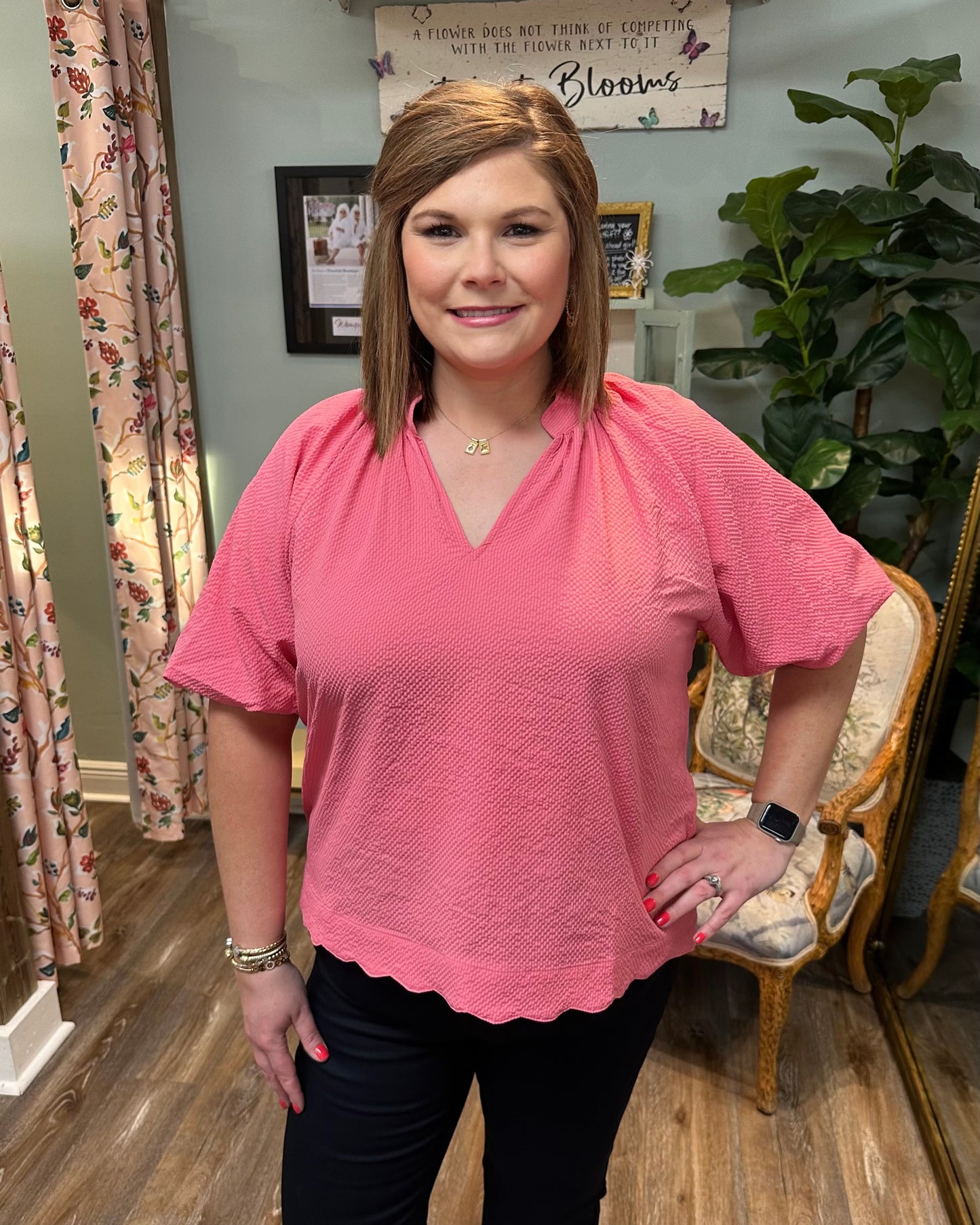 Bubble Sleeve Textured Top with Scalloped Hem