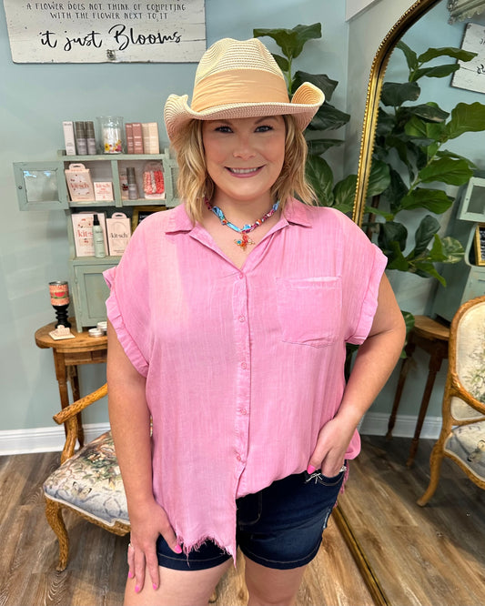 Washed Frayed Hem Button Up Top