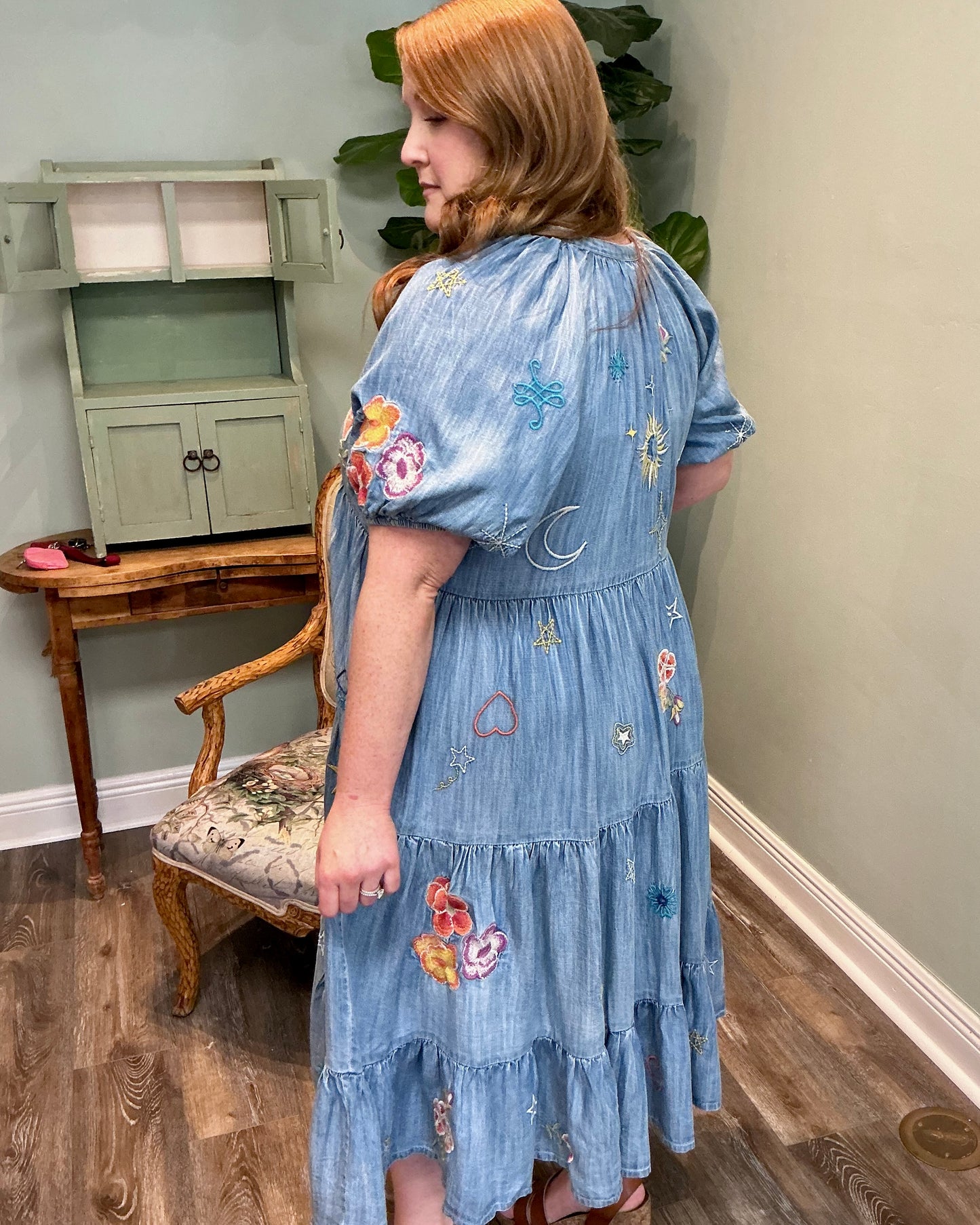 Embroidered Chambray V-neck Tiered Dress