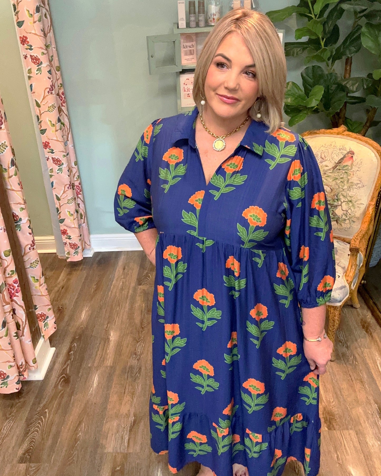 Orange Floral Print Midi Dress