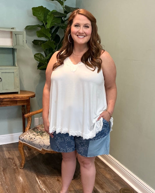 Chambray Patch Elastic Waist Shorts