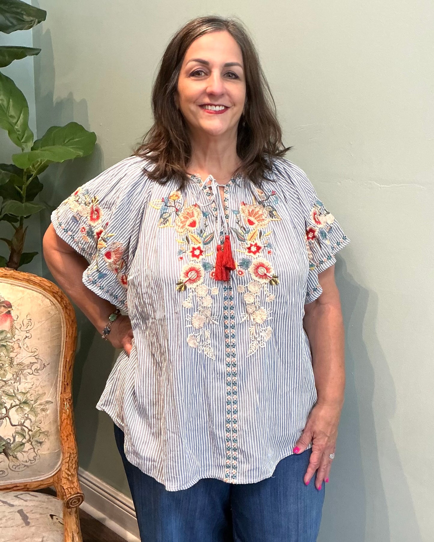 Blue Stripe Embroidered Top