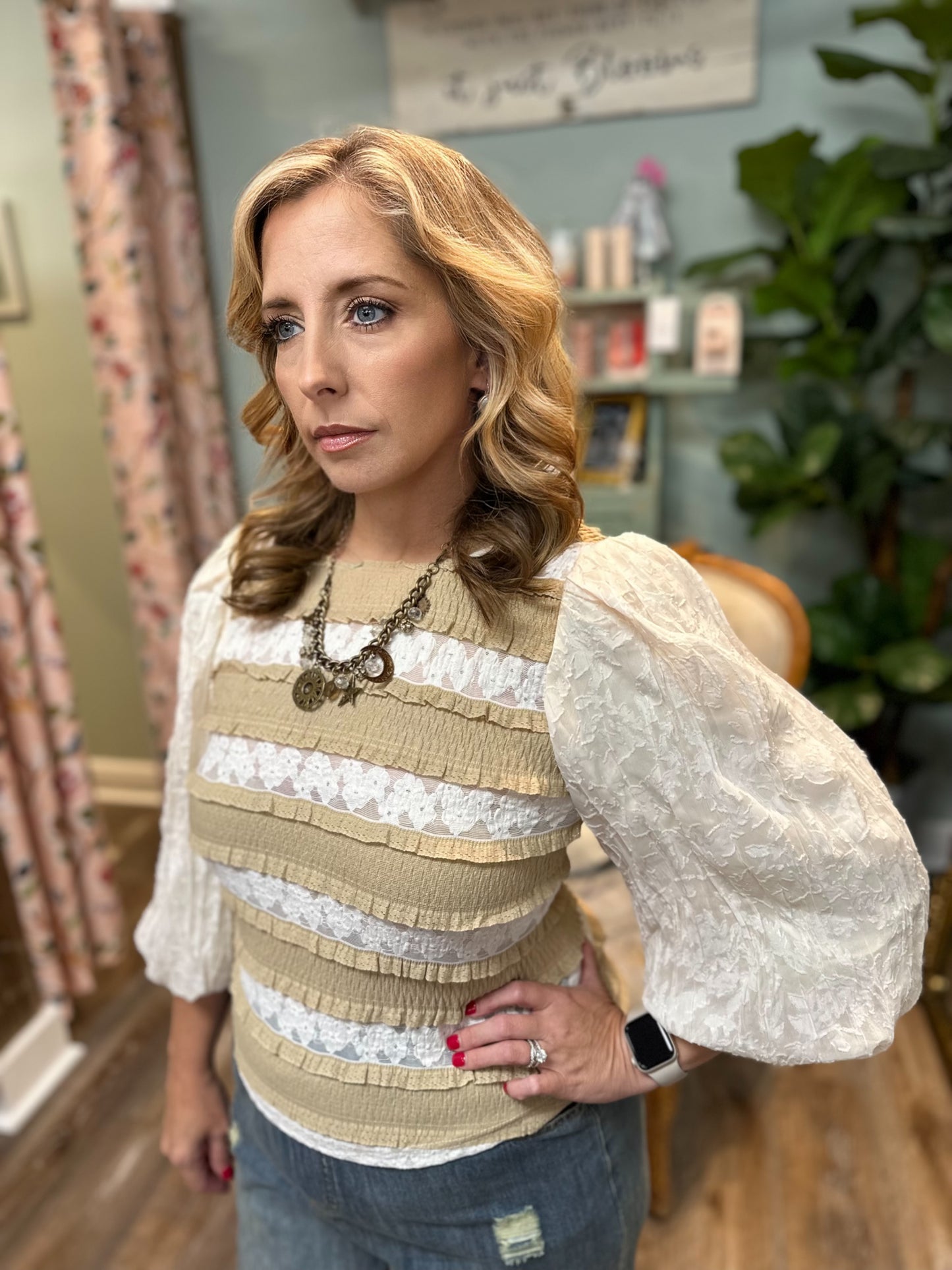 Beige and Cream Lace Puff sleeve Top