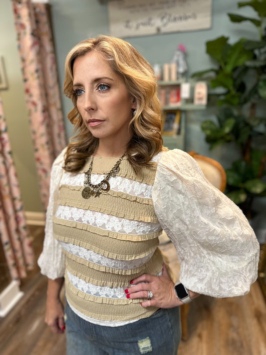 Beige and Cream Lace Puff sleeve Top