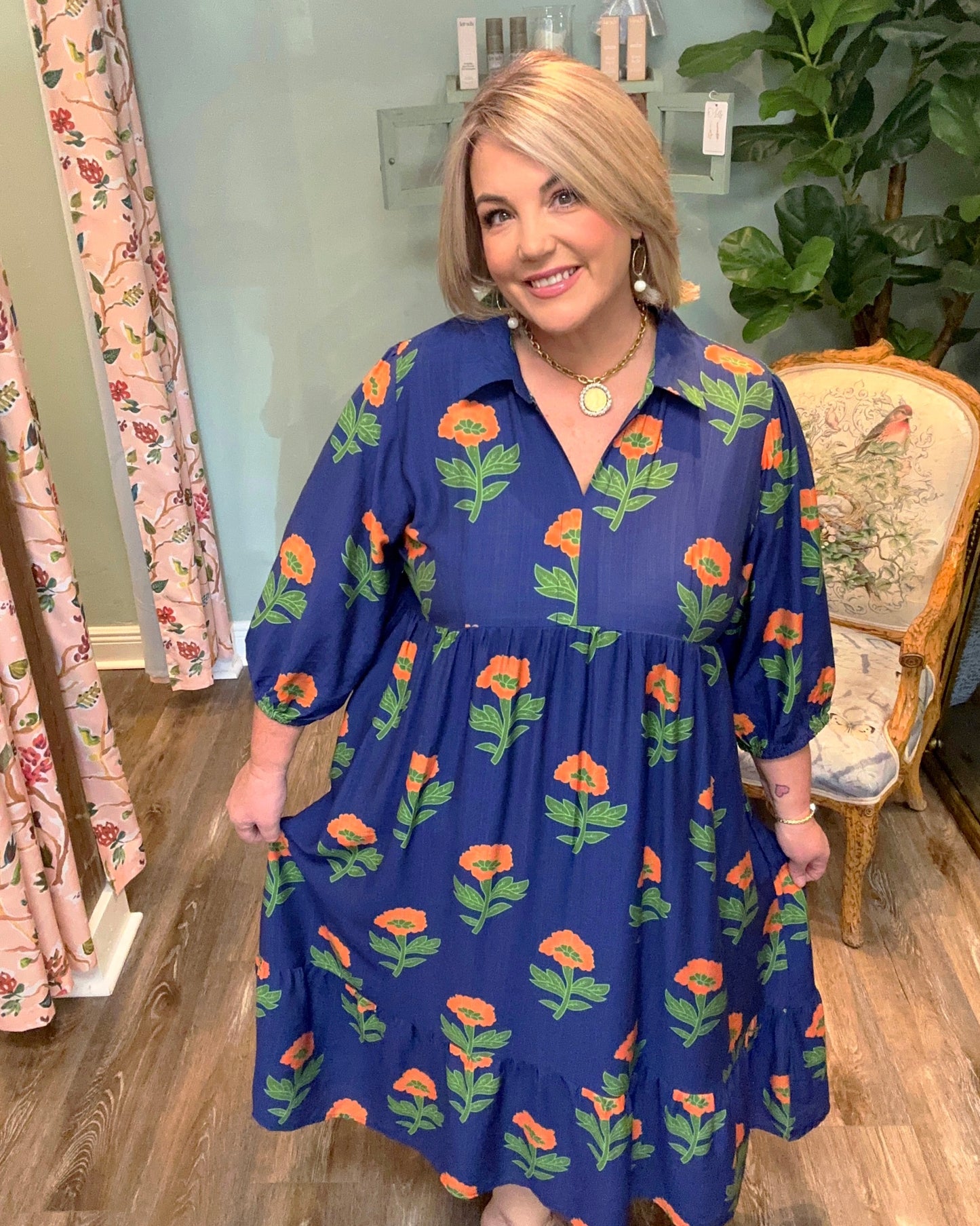 Orange Floral Print Midi Dress