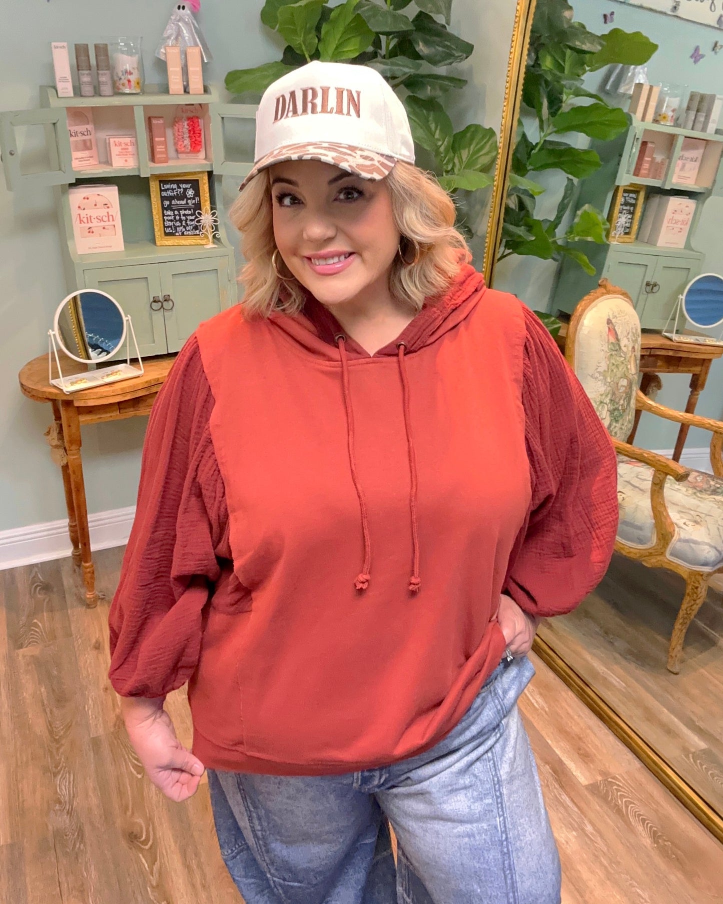 Washed Hooded Sweatshirt with Gauze Sleeve