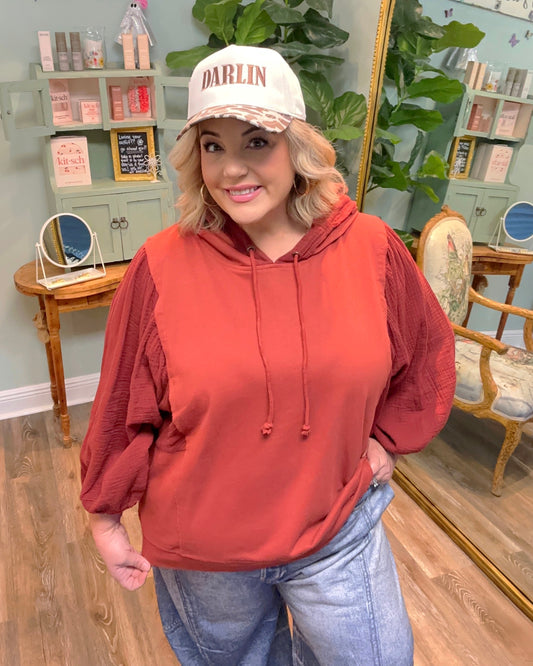 Washed Hooded Sweatshirt with Gauze Sleeve