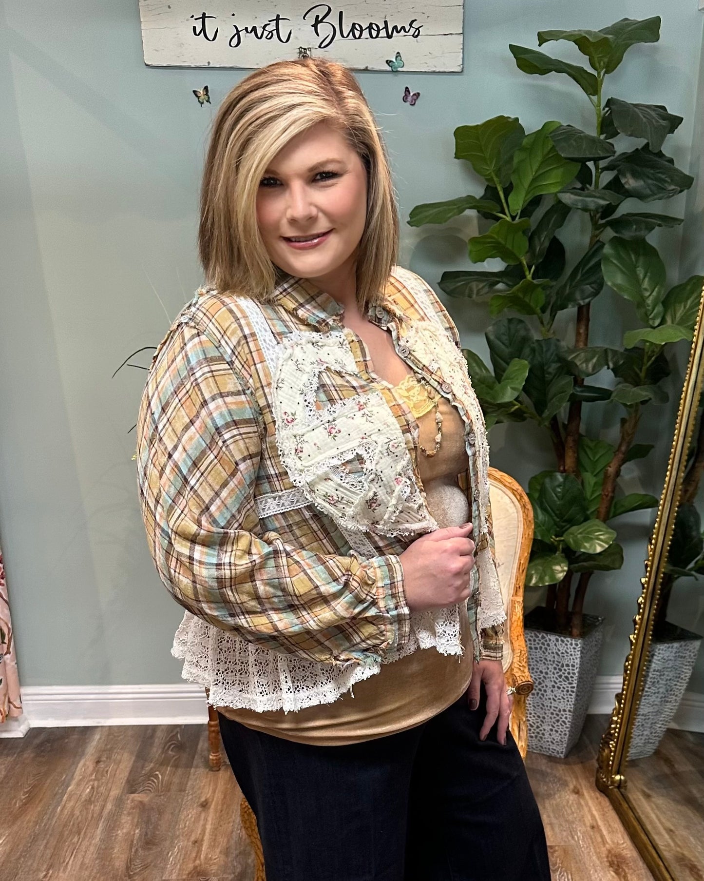 Tan Plaid Short Shacket with Peace Sign