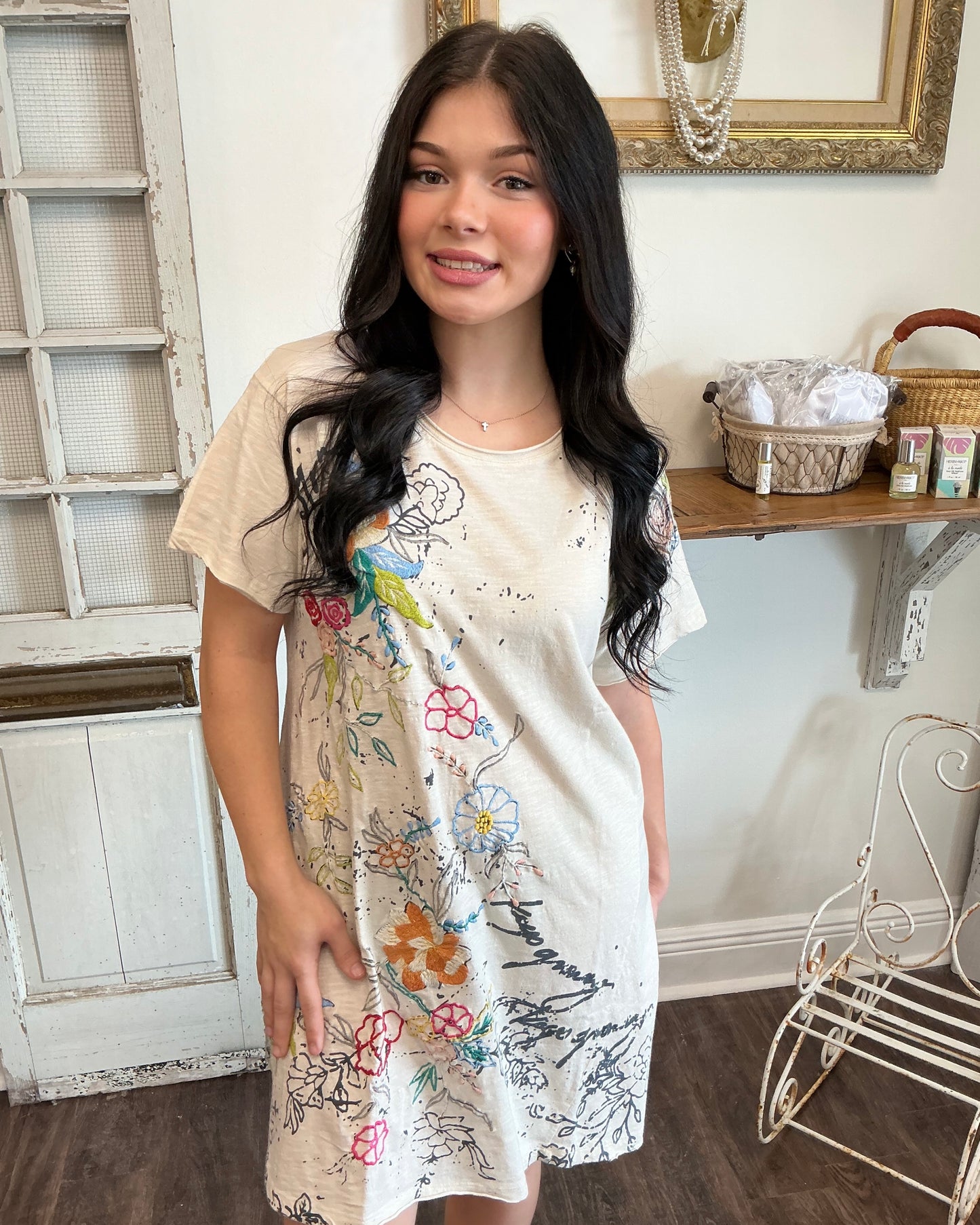 Embroidered Detail T-Shirt Dress - Birch