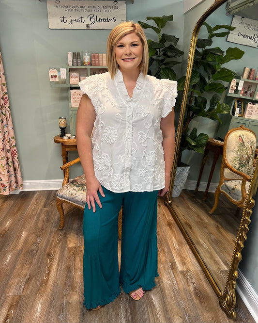 White Flower Embroidered Print Button Up