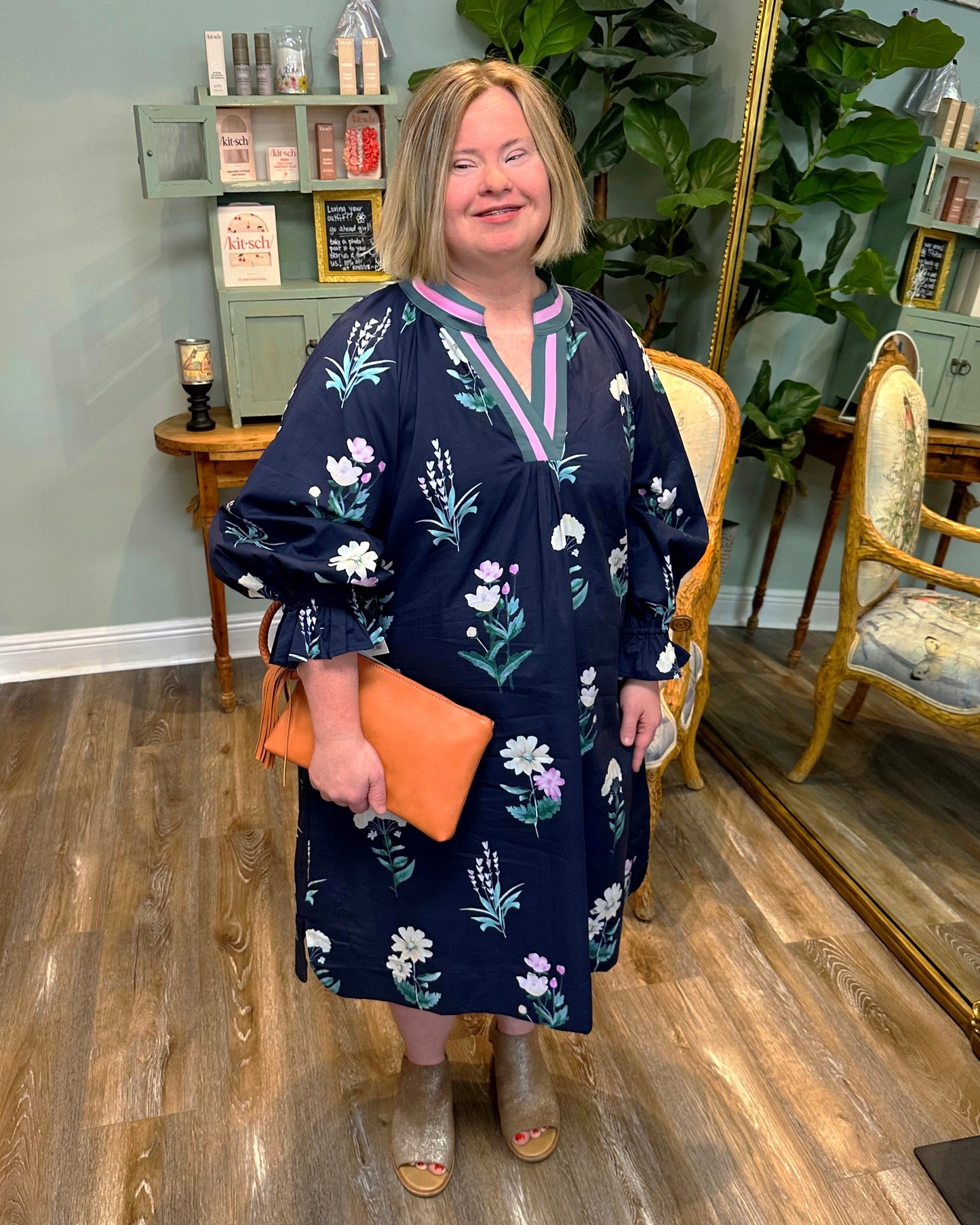 Navy Floral Print Midi Dress