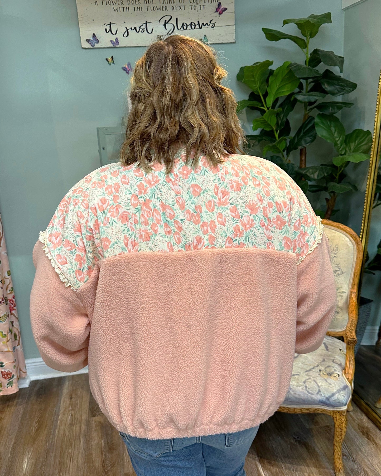 Pink and Floral Sherpa Button Jacket