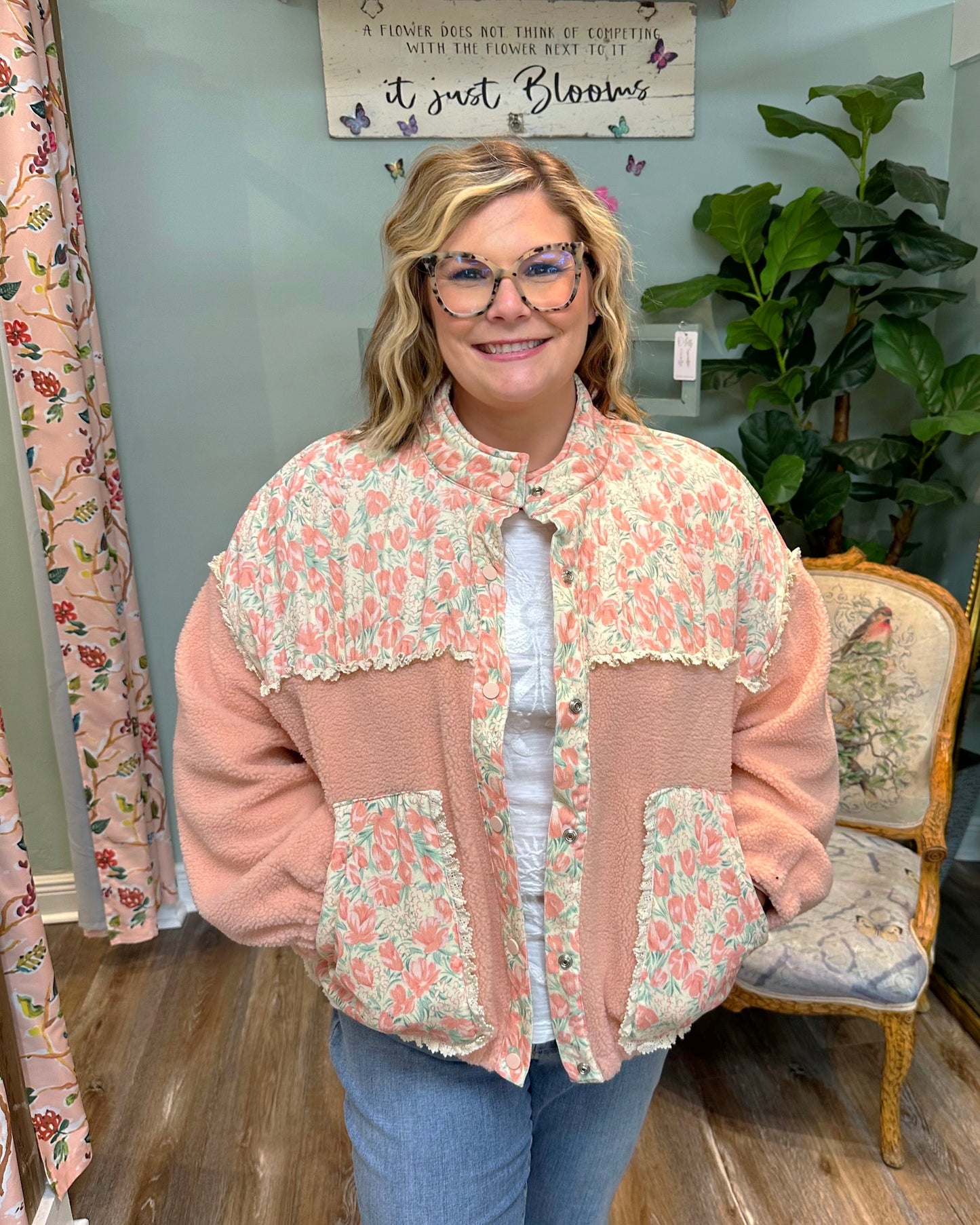 Pink and Floral Sherpa Button Jacket