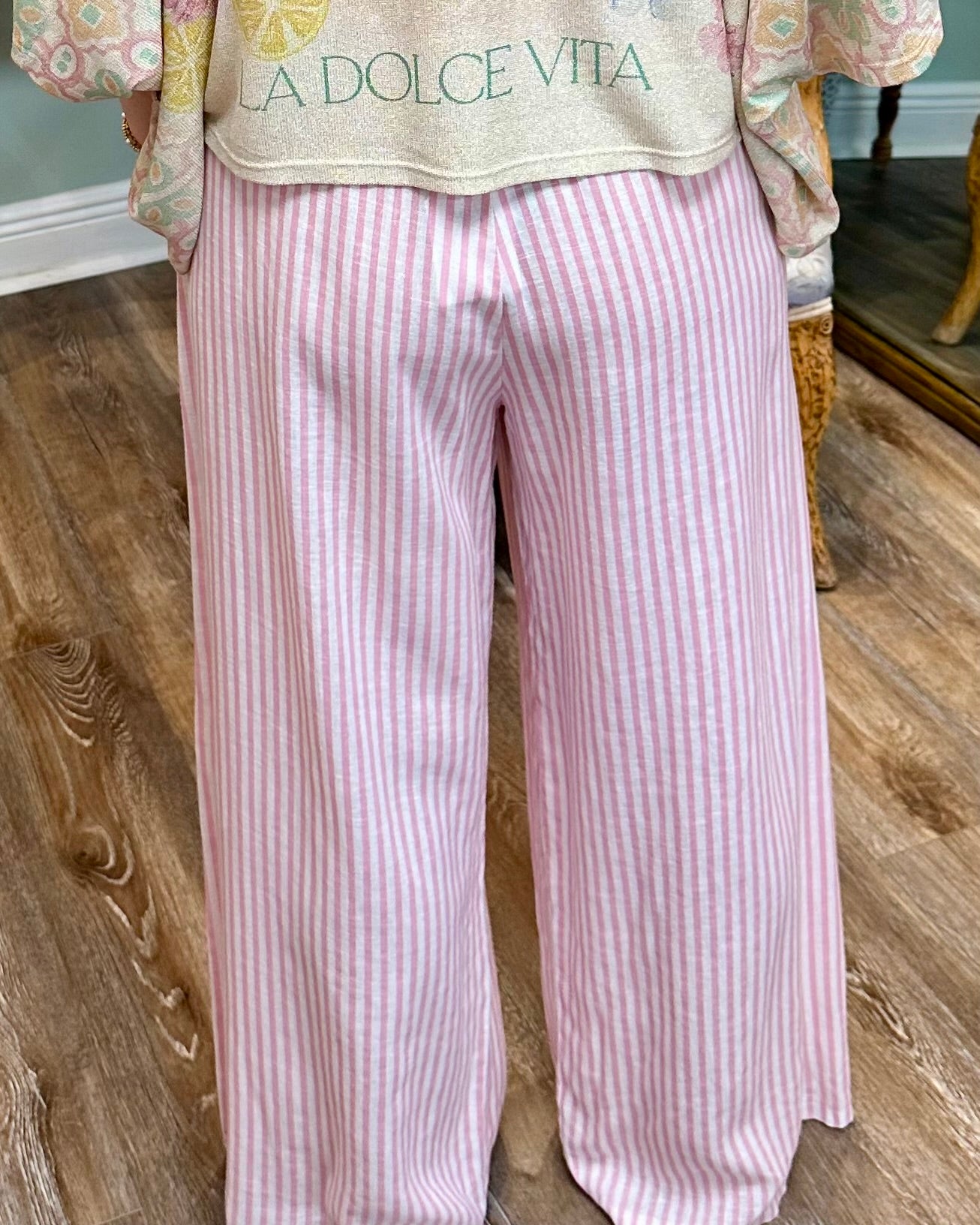 Striped Elastic Waist Italian Linen Pant