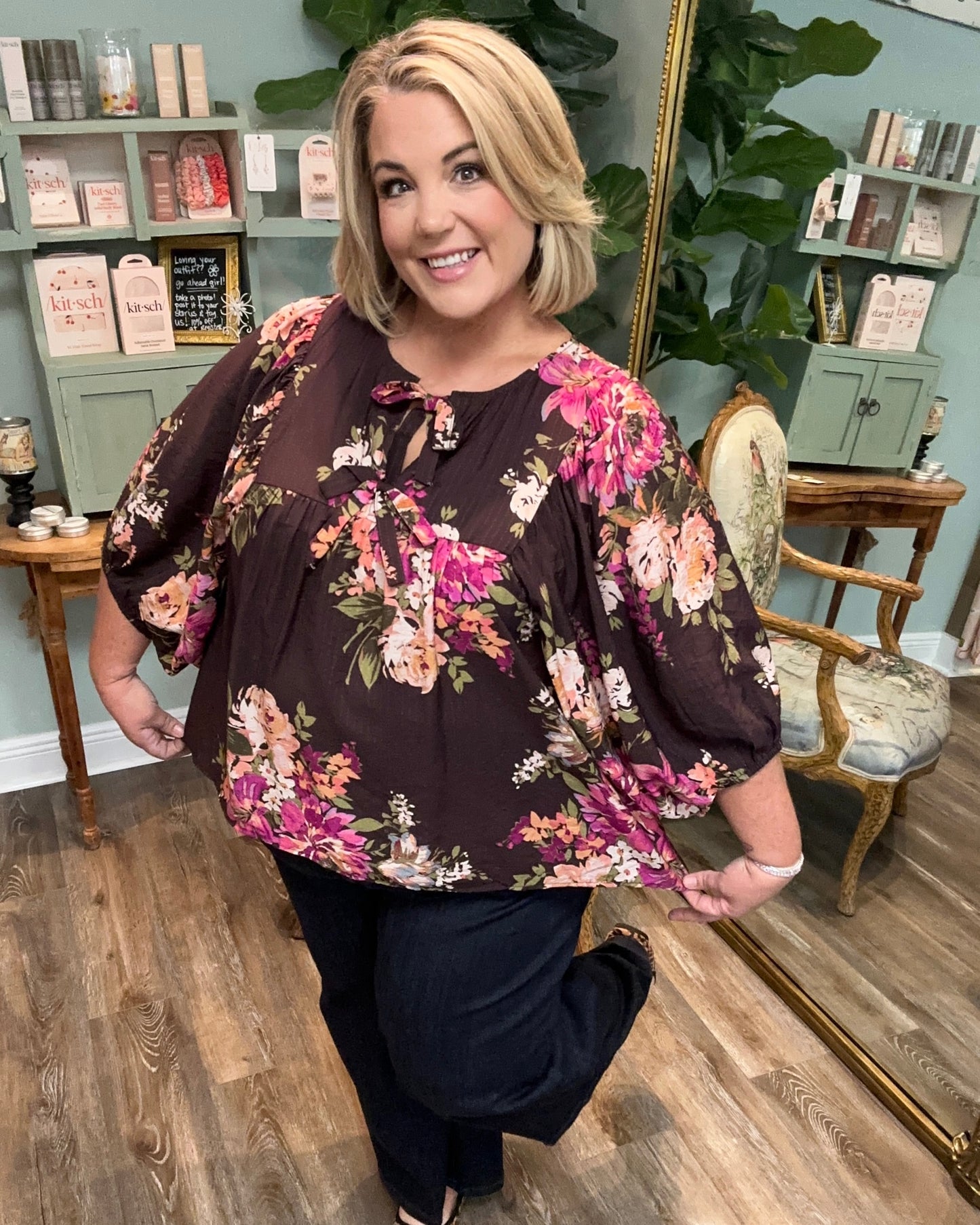 Mocha Floral Print Top with Tie