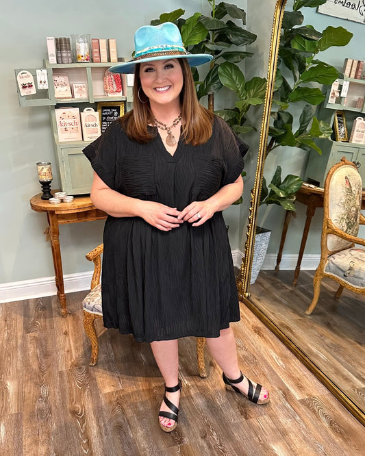 Black Textured Dress with Pockets