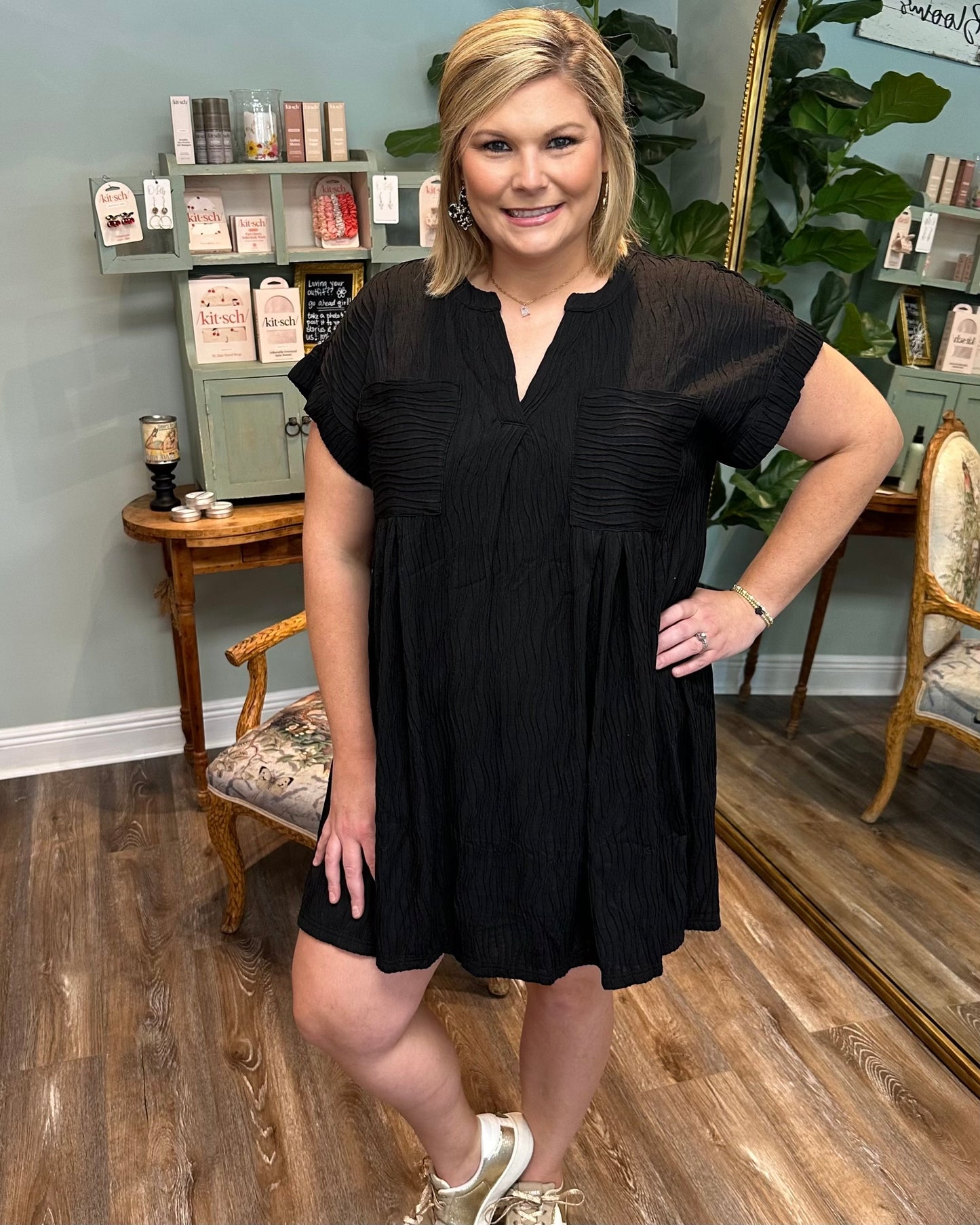 Black Textured Dress with Pockets