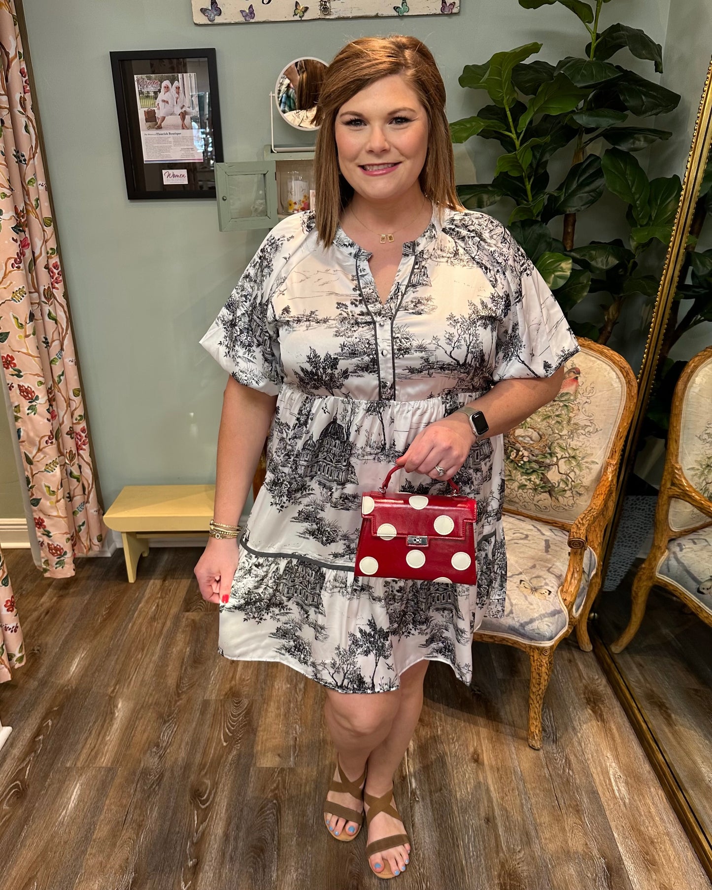 Satiny Landscape Print Dress