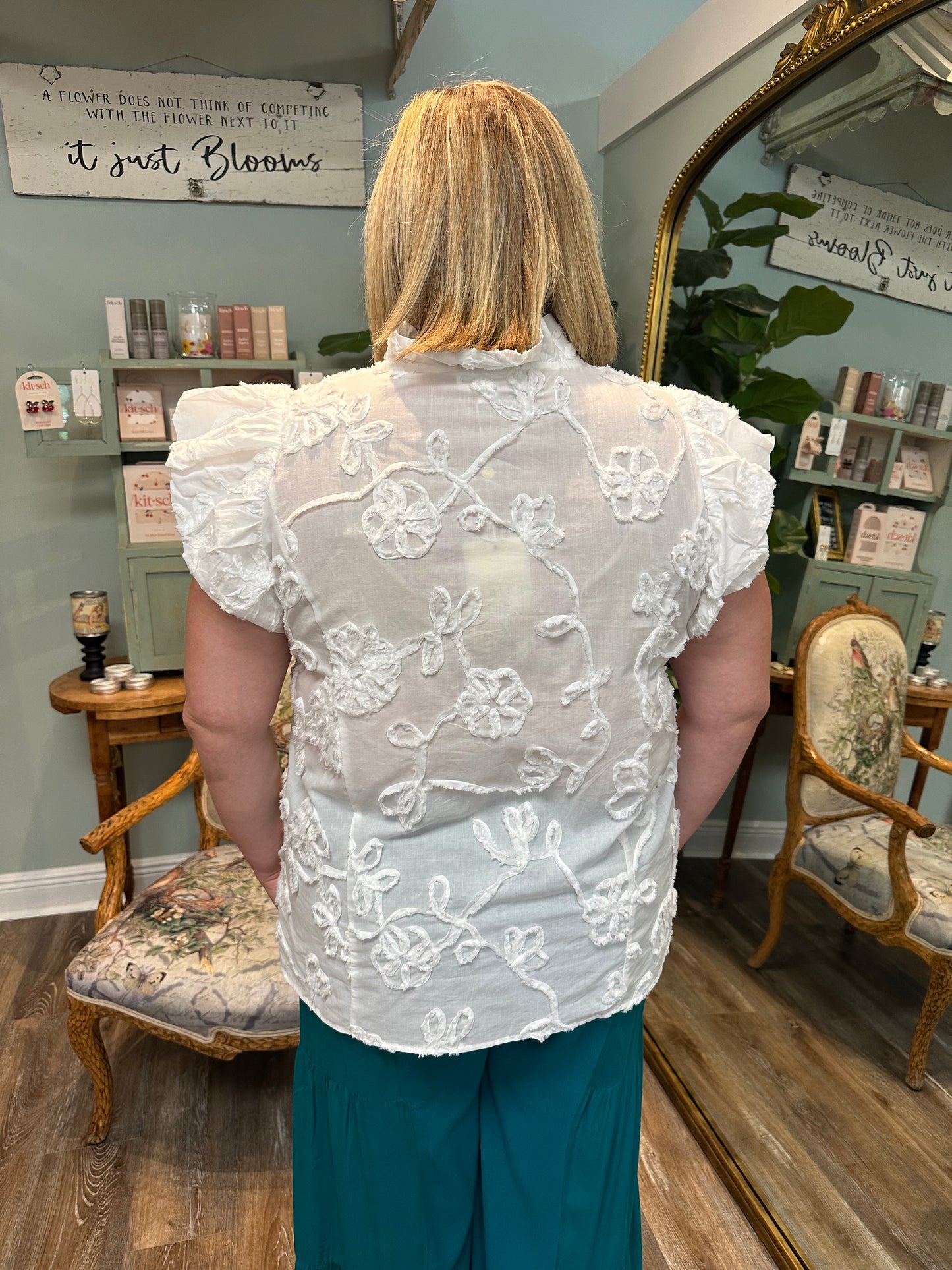 White Flower Embroidered Print Button Up
