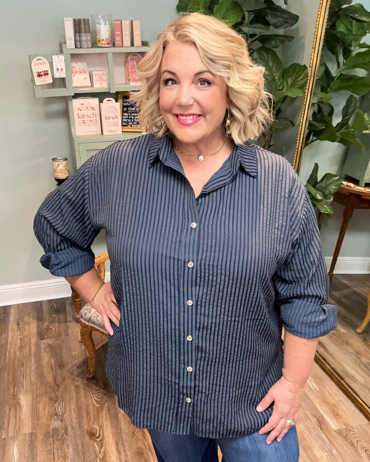 Indigo Long Sleeve Stripe Button Up