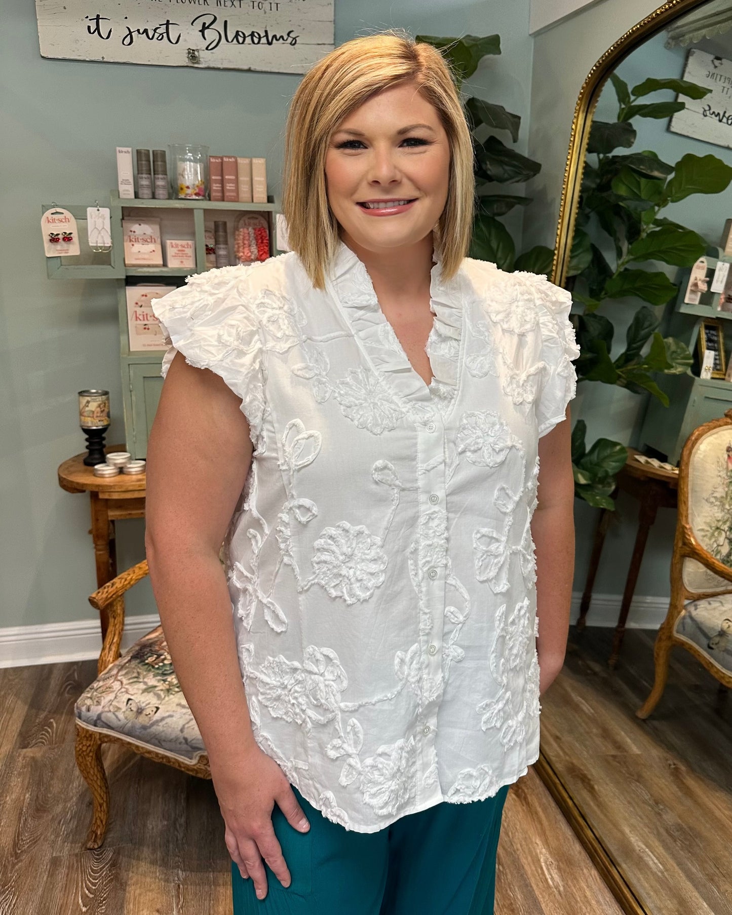 White Flower Embroidered Print Button Up