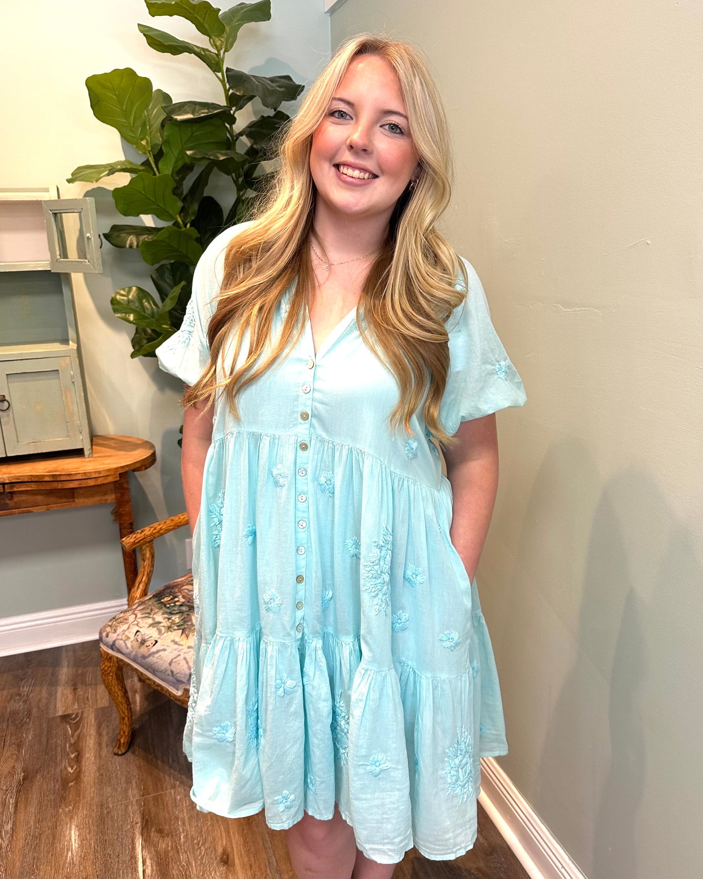 Embroidered Tiered Button-Up Dress