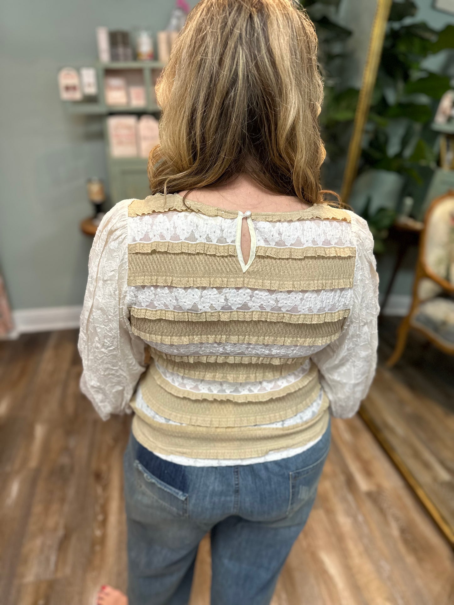 Beige and Cream Lace Puff sleeve Top