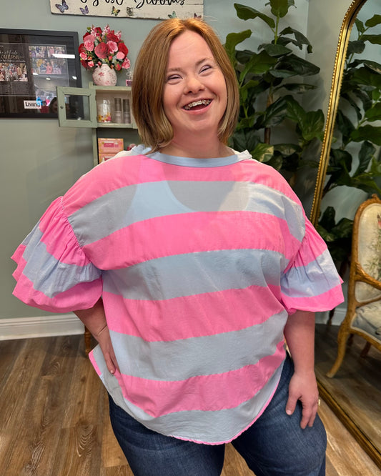 Blue and Pink Stripe Cotton Blouse
