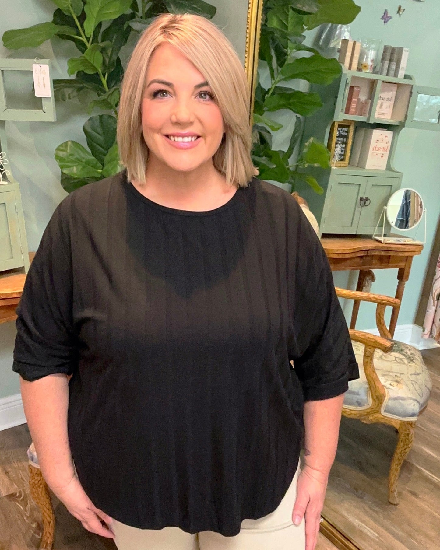 Ribbed Round Neck 3/4 Sleeves