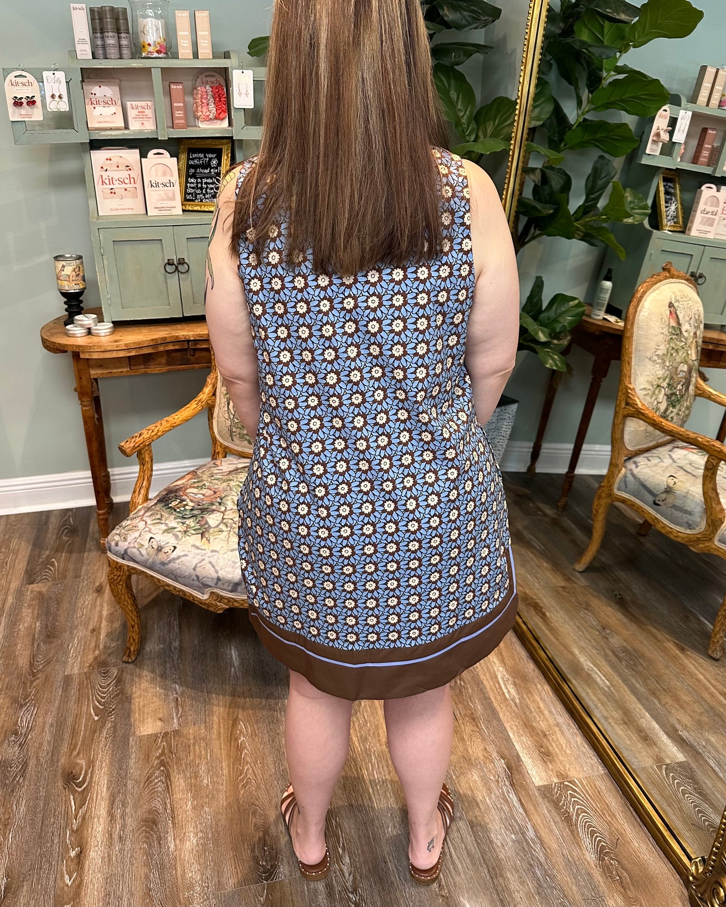 Sleeveless Brown & Chambray Printed Dress