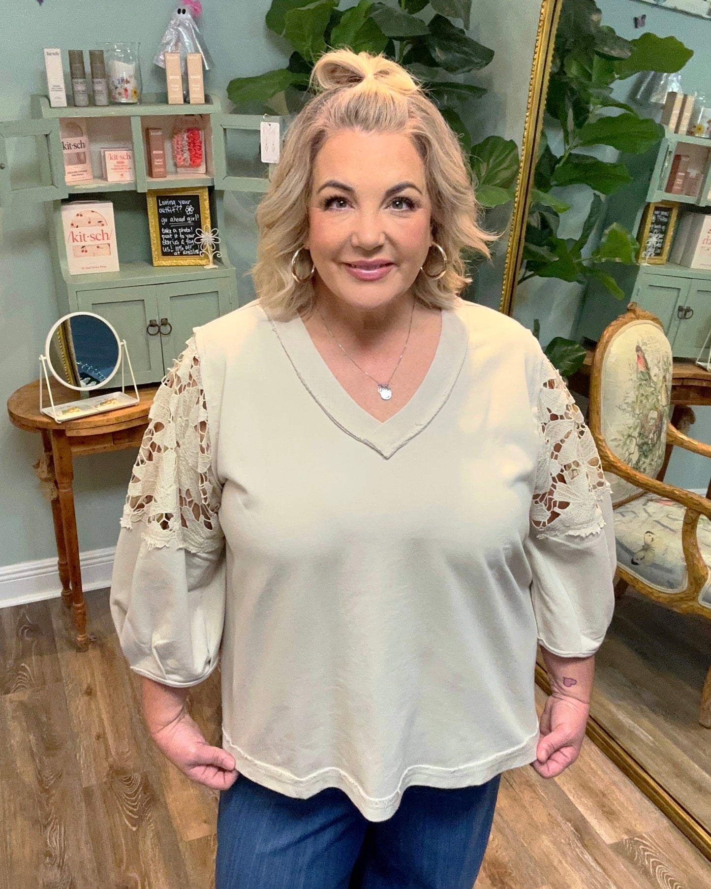 Almond Terry Knit Sweatshirt with Eyelet Sleeve