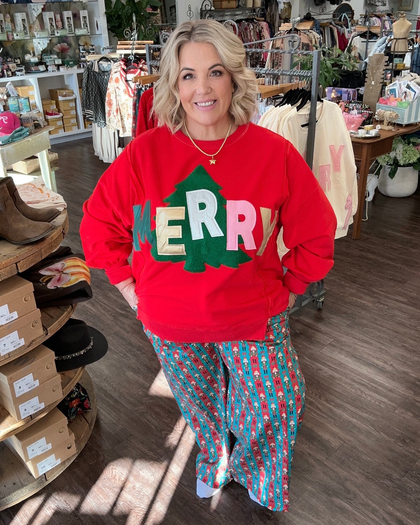 Metallic Faux Leather "MERRY" Sweatshirt