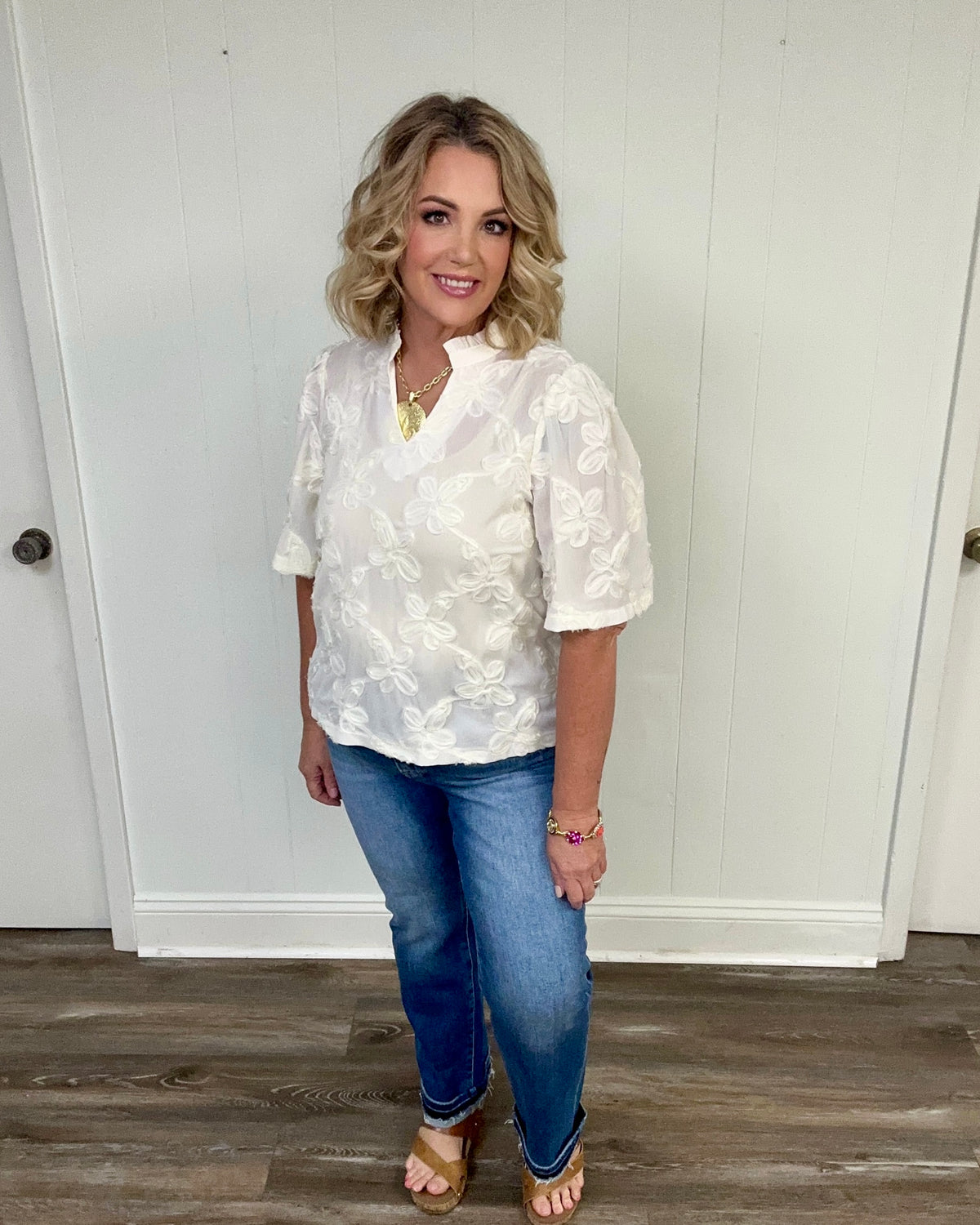 Floral Embroidered Print Bubble Sleeve Top