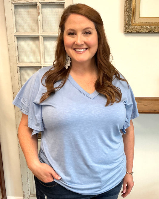 Blue Flutter Sleeve Top